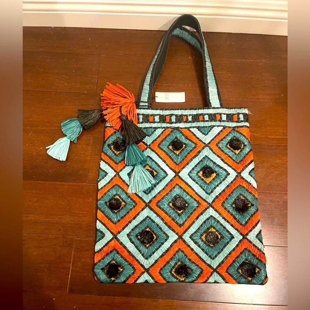 NWT ANTHROPOLOGIE Colorful Geometric Tote Bag with raffia embellishments